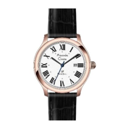 Alexandre Christie ALCW1042MDLRGSL Date Function White Dial Rose Gold Case Black Leather Strap Men Watch